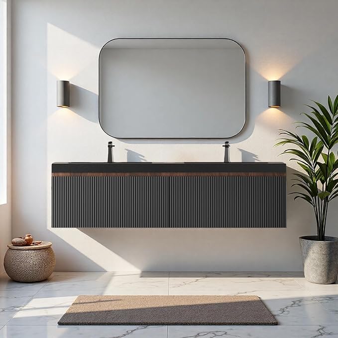 60'' Floating Bathroom Vanity with Sink, Wall-Mounted Bathroom Storage Cabinet with 2 Soft-Close Striped Drawers & Double Quartz Sand Basins, Smoked Walnut Body with Internal Handle, Black