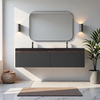 60'' Floating Bathroom Vanity with Sink, Wall-Mounted Bathroom Storage Cabinet with 2 Soft-Close Striped Drawers & Double Quartz Sand Basins, Smoked Walnut Body with Internal Handle, Black