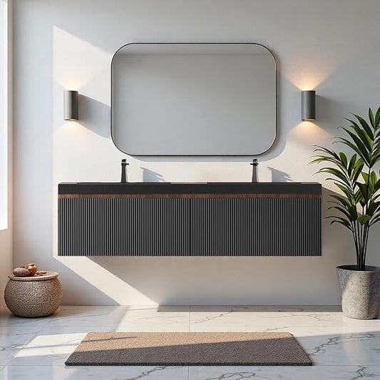 60'' Floating Bathroom Vanity with Sink, Wall-Mounted Bathroom Storage Cabinet with 2 Soft-Close Striped Drawers & Double Quartz Sand Basins, Smoked Walnut Body with Internal Handle, Black