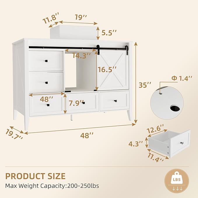 VNN Bathroom Vanity with Sink - 48 Inch Bathroom Vanity with Sink Ceramic, Freestanding Cabinet with Farmhouse Sliding Barn Door and 7 Drawers, Space-Saving Storage Cabinet, Wood Grain Texture, White