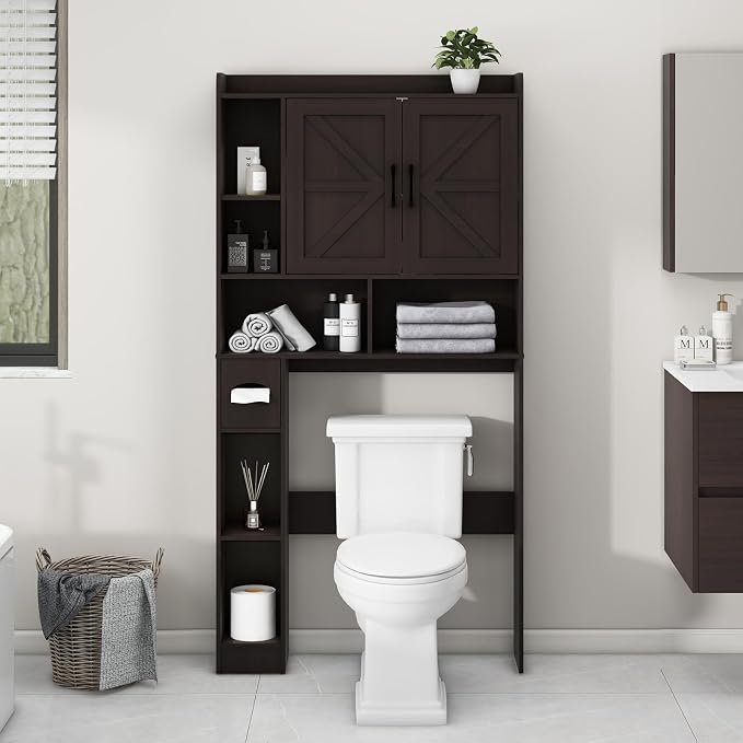 Vabches Over The Toilet Storage Cabinet with 2 Barn Doors, Caramel | Farmhouse Storage Cabinet with Toilet Paper Holder Stand，Home Space-Saving Toilet Rack, for Bathroom, Restroom, Laundry