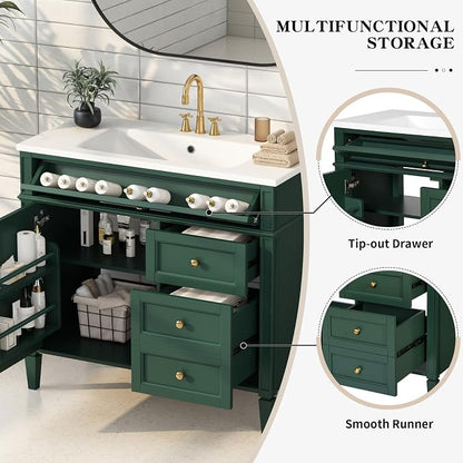 Merax 36'' Bathroom Vanity Without Top Sink, Solid Rubberwood Frame Cabinet | Modern Bathroom Vanity Storage Cabinet with 2 Drawers, Tip-out Drawer, Adjustable Shelf, Soft Closing Doors, Green