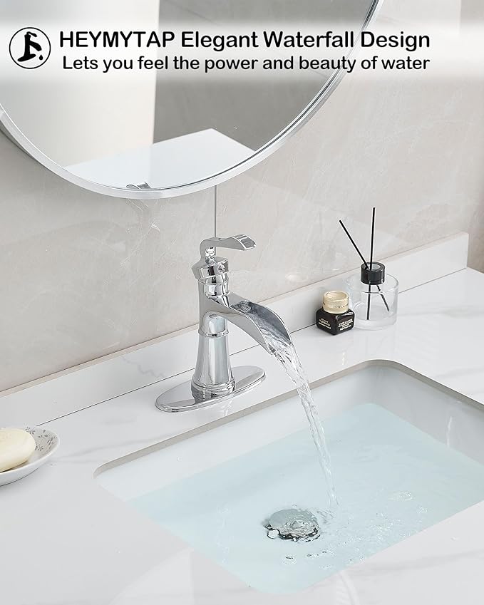 Brass Chrome Bathroom Faucet Single Handle, Bathroom Faucets One Hole, 4 Inch Waterfall Faucet for Bathroom Sink 3 Hole with Deck Plate, Pop-up Drain and Supply Hoses