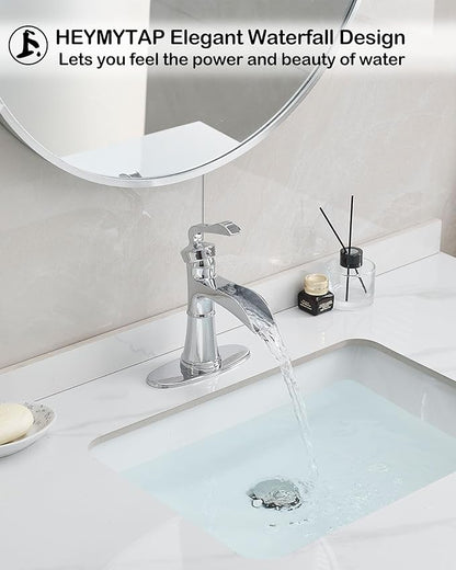 Brass Chrome Bathroom Faucet Single Handle, Bathroom Faucets One Hole, 4 Inch Waterfall Faucet for Bathroom Sink 3 Hole with Deck Plate, Pop-up Drain and Supply Hoses