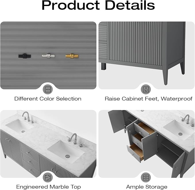 Vanity Art 72 inch Bathroom Vanity with Double Sink & Ceramic Top, Vanity Cabinet with Soft-Closing Door, Solid Wood Frame, Linear Pattern, Cashmere Gray, VA9172-DG-MB,Matte Black Handles