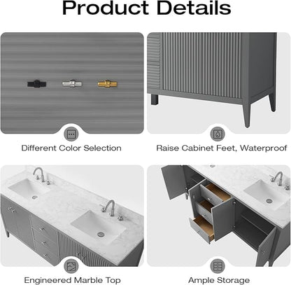 Vanity Art 72 inch Bathroom Vanity with Double Sink & Ceramic Top, Vanity Cabinet with Soft-Closing Door, Solid Wood Frame, Linear Pattern, Cashmere Gray, VA9172-DG-MB,Matte Black Handles