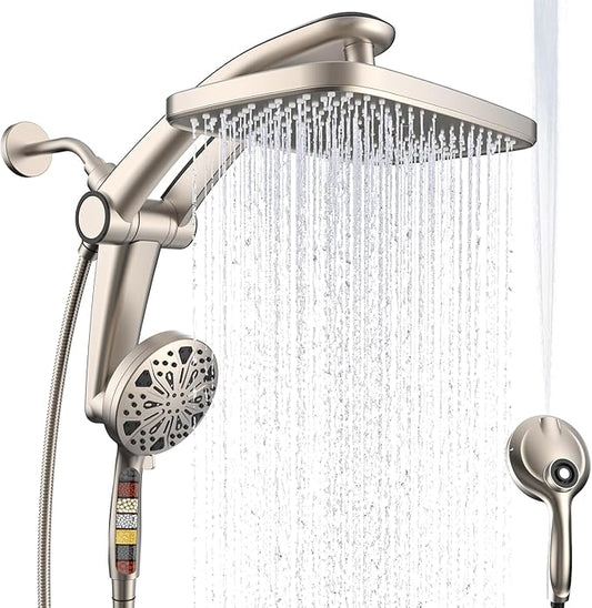 12-Inch High Pressure Rain Shower Head with Handheld Spray Combo, Magnetic | Dual shower heads; one-piece bracket adjusts height and angle; 9 settings: 8 sprays + 1 Power Jet for cleaning; easy install