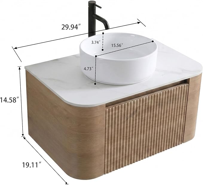 30" Preassembled Floating Bathroom Vanity with Round Sink, Oak | Mid-Century Modern Style, Fluted & Soft-Close Drawer with U-shaped Wall, Sinterted Stone Countertop, Towel Rack Included