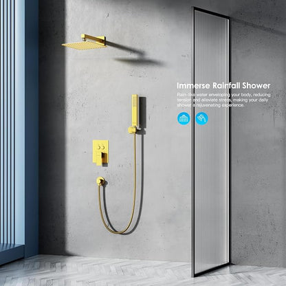 Shower System Shower Faucet Set with Push-Button Diverter and Wall Supply Elbow 10 Inch Shower Head Brushed Gold