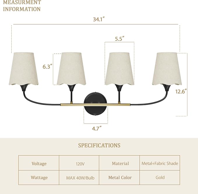 Morauroral Bathroom Light Fixtures Over Mirror, 4 Light Vanity Light for Bathroom, Black Gold Vanity Light Fixtures with Fabric Linen Shade, E26 Socket Sconce Wall Decor(ETL Listed)