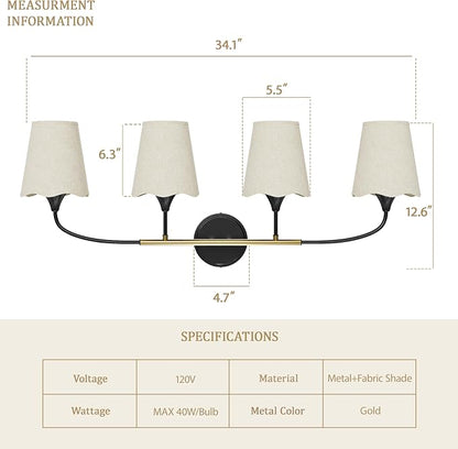 Morauroral Bathroom Light Fixtures Over Mirror, 4 Light Vanity Light for Bathroom, Black Gold Vanity Light Fixtures with Fabric Linen Shade, E26 Socket Sconce Wall Decor(ETL Listed)