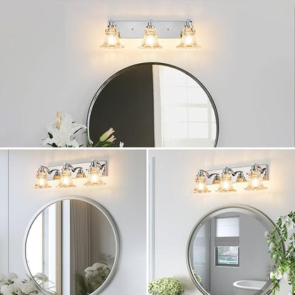 Vintage 3-Light Bathroom Vanity Light, Chrome Bathroom Light Fixtures with Floral Clear Glass Shades, Antique Wall Sconce Fixtures for Dressing Table, Bedroom
