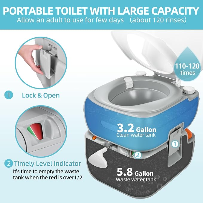 YITAMOTOR Portable Toilet 5.8 Gallon, Camping Porta Potty with Sprayer and Handbag, RV Toilet with Handle Pump, Level Indicator, for Motorhome Travel, Car, Boat, Indoors and Outdoors | Camping Porta Potty with Sprayer and Handbag, RV Toilet with Handle...