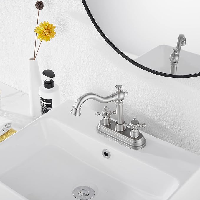 Bathroom Faucet Brushed Nickel GGStudy 2 Handles 4 Inches Centerset Bathroom Vanity with Drain Assembly and Supply Hose Lavatory Mixer Double Handle Tap