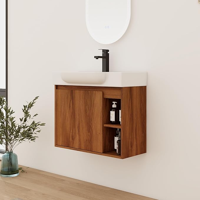 28" Wall-Mounted Bathroom Vanity with Ceramic Sink, 28 Inch Floating Single Sink Vanity Cabinet Modern Brown 1-Door Design with Storage Shelf (Space-Saving for Small Bathrooms)