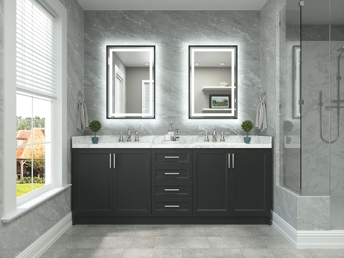 24 x 36 Led Mirror Brushed Gunmetal Gray/Off‑Black Metal Frame Frontlit & Backlit Vanity Mirror Anti-Fog Stepless Dimmable 3 Colors White/Warm/Natural Wall Mirror with Lights Wall-Mounted