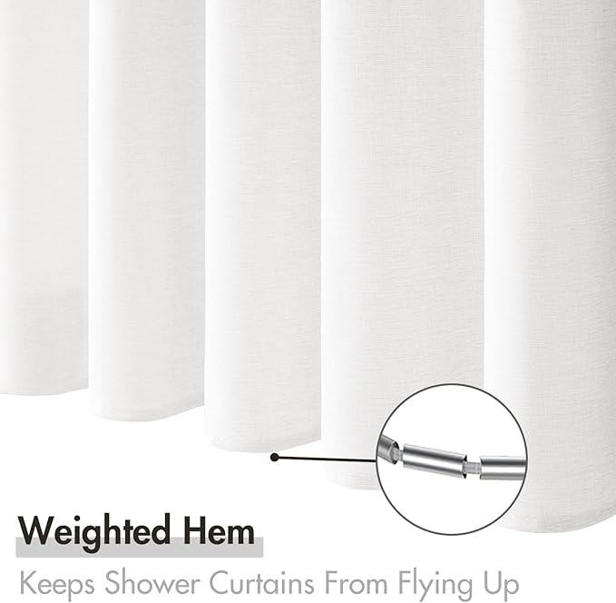 MIULEE W72*L80 Extra Long Linen Shower Curtain White 12 Metal Hooks | Washable, Heavy Fabric Shower Curtain Set, Waterproof Thick Cloth Shower Curtain, Bathroom Hotel Bathtub