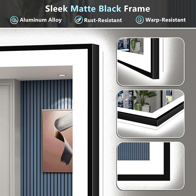 60x40 Black Framed LED Bathroom Mirror with Lights, Backlit and Front Lit Anti-Fog Lighted Vanity Mirrors for Bathroom Wall, Dimmable, 3 Colors, Memory, HD Tempered Glass, Horizontal/Vertical