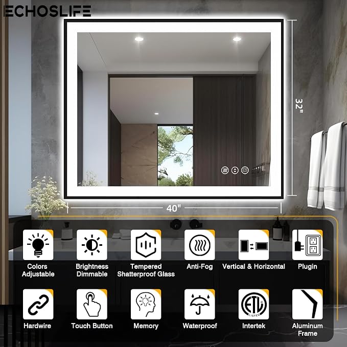 EchosLife 40x32 LED Bathroom Mirrors for Wall - Black Aluminum Framed | Black Frame, Front and Backlit, Anti-Fog, Stepless Dimmable, 3 Colors, Memory, Tempered Glass, UL Listed, Horizontal/Vertical