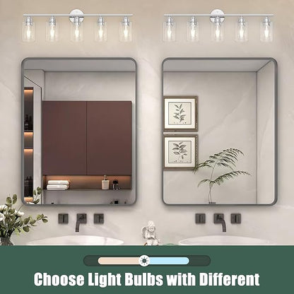 Espird Bathroom Vanity Light Fixtures Polished Chrome Bathroom Lighting Fixture, 5 Lights Bathroom Light Fixture Over Mirror, Modern Black Vanity Light, Wall Sconces with Glass Shades