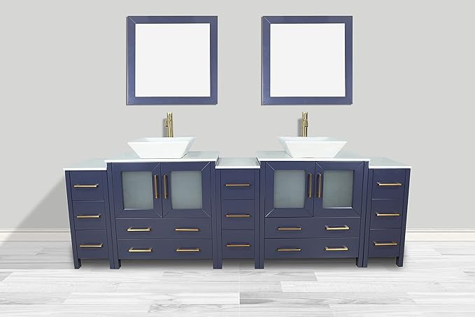 Vanity Art 96 Inch Vessel Double Sink Bathroom Vanity Cabinet with 2 Mirrors, Engineered Marble Top Bathroom Cabinet Compact Set with 13 Dovetail Drawers and Soft Closing Doors, VA3130-96B