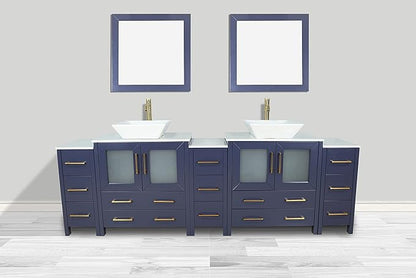 Vanity Art 96 Inch Vessel Double Sink Bathroom Vanity Cabinet with 2 Mirrors, Engineered Marble Top Bathroom Cabinet Compact Set with 13 Dovetail Drawers and Soft Closing Doors, VA3130-96B