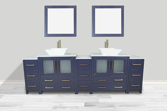 Vanity Art 96 Inch Vessel Double Sink Bathroom Vanity Cabinet with 2 Mirrors, Engineered Marble Top Bathroom Cabinet Compact Set with 13 Dovetail Drawers and Soft Closing Doors, VA3130-96B