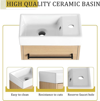 KEIKI 16'' Bathroom Vanity Cabinet with Sink, Wall Mounted Floating Bathroom Vanity with Soft-Close Cabinet Door, for Small Bathroom, Light Oak