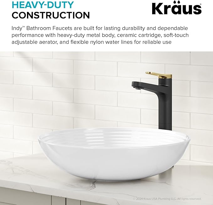 KRAUS Indy Bathroom Faucet for Vessel Sink in Spot-Free Brushed Brass/Matte Black with Single Handle, Pop Up Drain and Supply Lines, KVF-1410SFBBMB