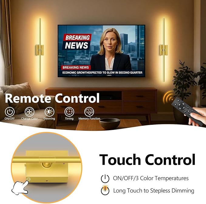 Eneru Battery Operated Wall Sconce 1 Pack, Gold Wireless Wall Light 31.5in | Rechargeable 10000mAh, Touch and Remote Control, 360° Rotate, 4CCT Dimmable, Wall Lamp for Living Room Bedroom Hallway