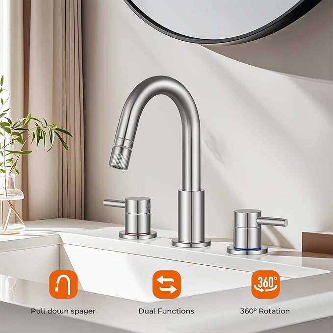 FGKQ Brushed Nickel Bathroom Faucet 3 Hole with Pull Down Sprayer 2 Modes, Pull Down Bathroom Sink Faucet with Pop Up Drain, 8 Inch Widespread Bathroom Faucet