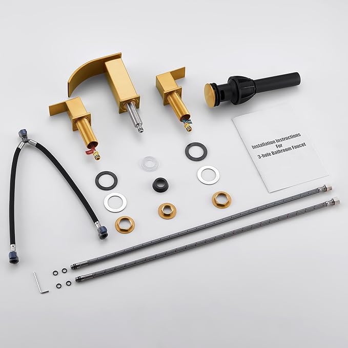 Gold Waterfall Bathroom Faucet 3 Holes - 8Inch Widespread Bathroom Sink Faucet | Two Handles Lavatory Vanity Sink Faucets with Pop-up Drain Assembly & Supply Lines Brushed Gold