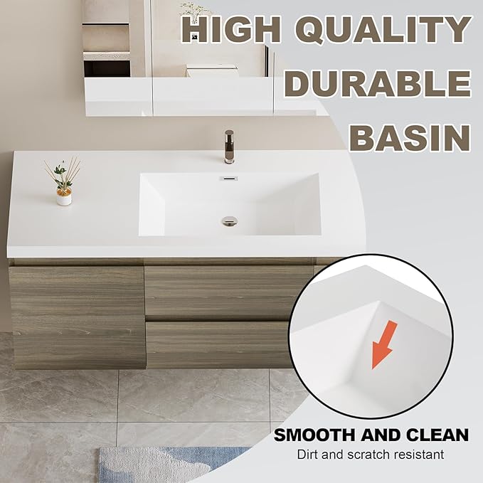 Floating Vanity Bathroom, 60 Inch Bathroom Vanity with Sink, Wall Mounted Single Sink Bathroom Vanity, Soft Closed 2 Drawers, Integrated Sink (Ash Grey)