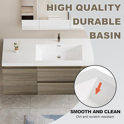 Wall Mounted 60 Inch Bathroom Vanity with Sink, Floating Vanity Bathroom, Single Sink Bathroom Vanity, 2 Drawers, 2 Soft Closing Doors, Resin Integrated Sink (Ash Grey)