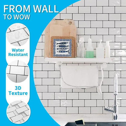 Art3d Subway Peel and Stick Backsplash, 10-Sheet, White with Black Grout