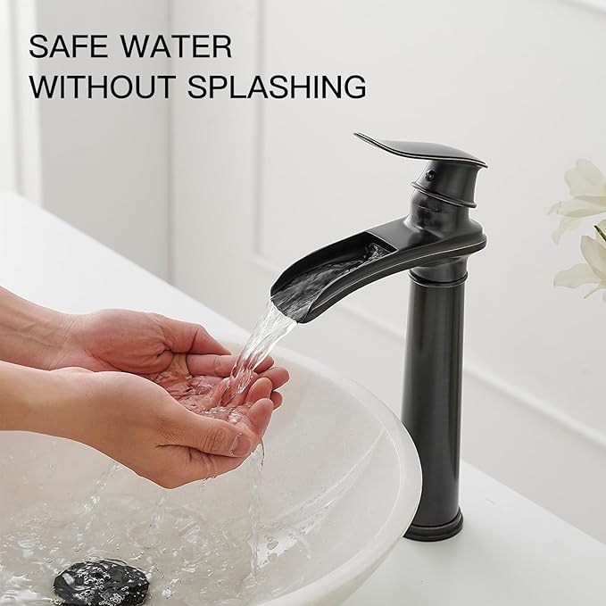 BWE Bathroom Vessel Sink Faucet Waterfall Spout Single Handle One Hole Oil Rubbed Bronze Tall Vessel Lavatory Vanity Faucet with Pop Up Drain Assembly and Supply Hose