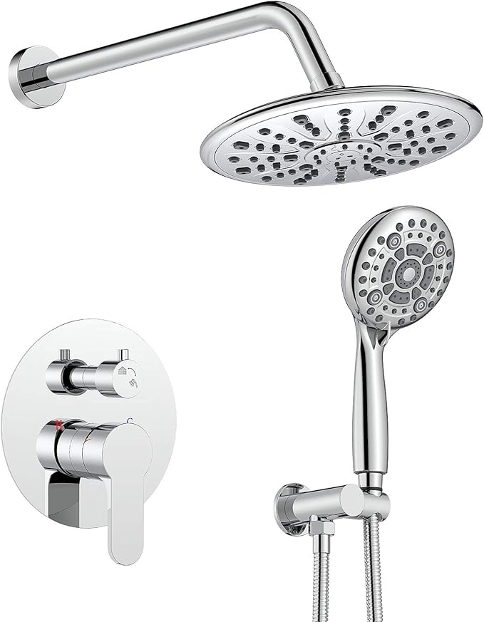 SunCleanse Rain Shower Faucet System - 8.5" Shower Head Combo with 7-Setting handheld Spray Complete Shower Set - Rainfall Shower Fixture with Valve and Trim Kit for Luxury Bathroom Polished Chrome