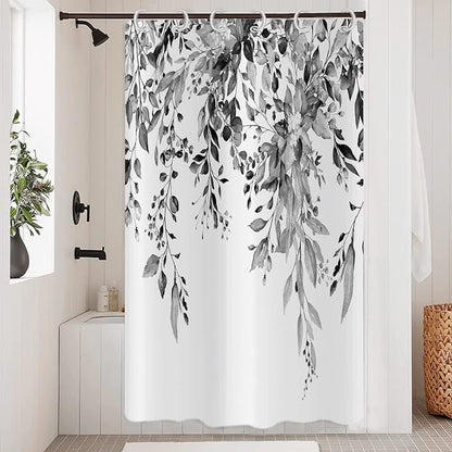 Eucalyptus Shower Curtain, Watercolor Black Leaves on The Top Plant with Floral Bathroom Curtain Bathtub Home Decor Waterproof Fabric Machine Washable with 12 Hooks, GCI-7430, 72''Lx48''W