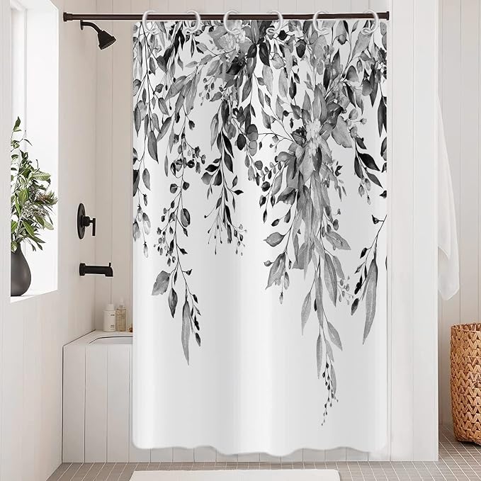 Eucalyptus Small Stall Shower Curtain, Watercolor Black Leaves on The Top Plant with Floral Bathroom Curtain Bathtub Home Decor Waterproof Fabric with 12 Hooks,36"x72"