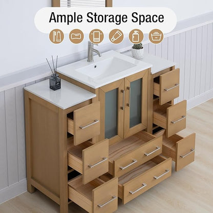 HOMEBEYOND 48 Inch Modern Bathroom Vanity with Sink & Mirror, Single Vanity Cabinet with Basin and Mirror, Dove-Tailed Drawers, Soft-Closing Doors, Wood, Natural Oak