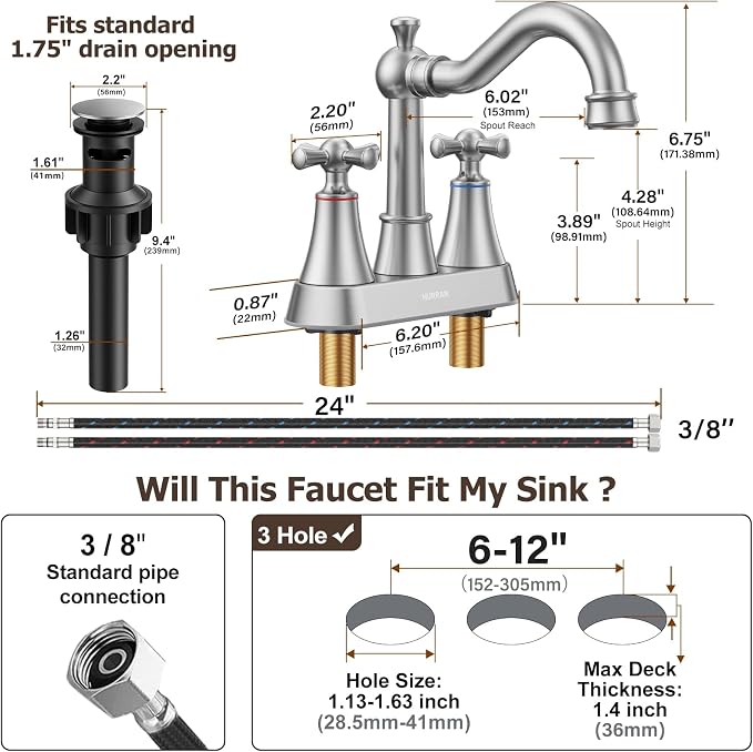 4-inch Centerset Brushed Nickel Classical Bathroom Faucet, 2 Handles for 2 or 3 Hole Sink with 360° Swivel Spout, Pop Up Drain Assembly and Supply Hose for Vanity Sink Lavatory Faucet