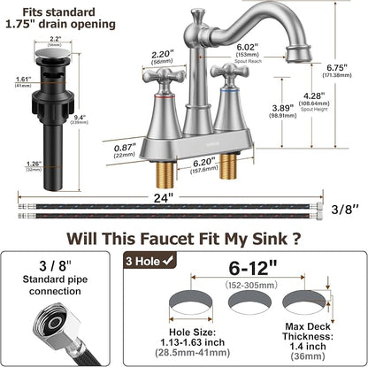 4-inch Centerset Brushed Nickel Classical Bathroom Faucet, 2 Handles for 2 or 3 Hole Sink with 360° Swivel Spout, Pop Up Drain Assembly and Supply Hose for Vanity Sink Lavatory Faucet
