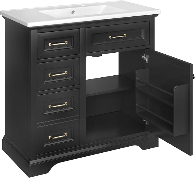 36" Bathroom Vanity with Ceramic Sink,Freestanding Storage Cabinet w/Soft-Close Door and 2 Tip-Out & 2 Drawers,Undermount Single Basin Bath Vanity Set w/Adjustable Shelf,Black