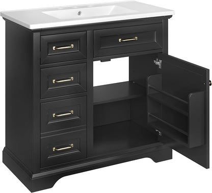36" Bathroom Vanity with Ceramic Sink,Freestanding Storage Cabinet w/Soft-Close Door and 2 Tip-Out & 2 Drawers,Undermount Single Basin Bath Vanity Set w/Adjustable Shelf,Black