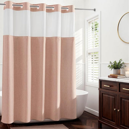River Dream Linen Textured No Hooks Shower Curtain with Liner,Pink,71x74 | Mesh Top Window,with Snap-in Liner,Heavy Duty Fabric,Quick Dry,Bottom Magnets,Water-Repellent,Washable,Farmhouse Bathroom Set