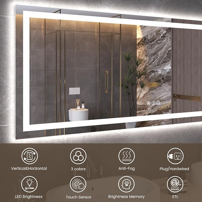 Snowdool 60 x 24 in LED Bathroom Mirror, Front and Backlit, Anti-Fog | Front and Backlit, 3 Color Temperatures, Anti-Fog, Tempered Glass