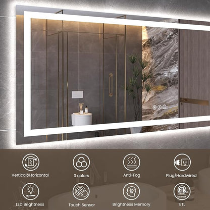Snowdool 60 x 24 in LED Bathroom Mirror, Front and Backlit, Anti-Fog | Front and Backlit, 3 Color Temperatures, Anti-Fog, Tempered Glass