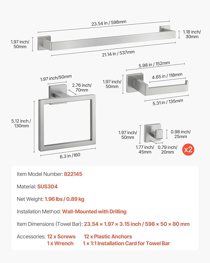 VEVOR Brushed Nickel Bathroom Hardware Set, 5 Pieces Bathroom Accessories Set, Stainless Steel 24 inch Towel Bar, Towel Rack, 2 Robe Towel Hooks, Toilet Paper Holder for Bath Room, Wall Mounted