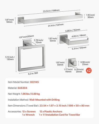 VEVOR Brushed Nickel Bathroom Hardware Set, 5 Pieces Bathroom Accessories Set, Stainless Steel 24 inch Towel Bar, Towel Rack, 2 Robe Towel Hooks, Toilet Paper Holder for Bath Room, Wall Mounted