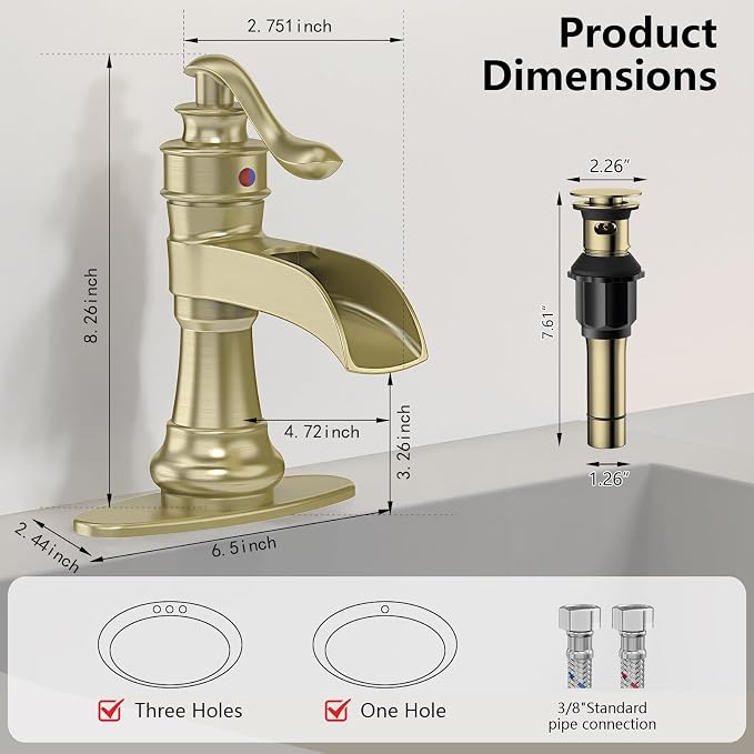 Bathroom Sink Faucet Waterfall Brushed Gold Single Handle | Pop Up Drain,Easy to Clean,Stable Installation,Suitable for bathrooms, balconies and laundry room,Elegant Minimalist Style